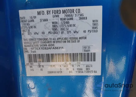 2010 Ford F-150 Stx/Xl/Xlt из США, поврежденный, VIN 1FTEX1E82AFA58311